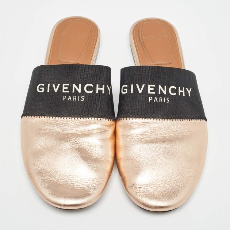 Pre Owned Givenchy Metallic/Black Leather and Elastic Bedford Flat Mules Size 37