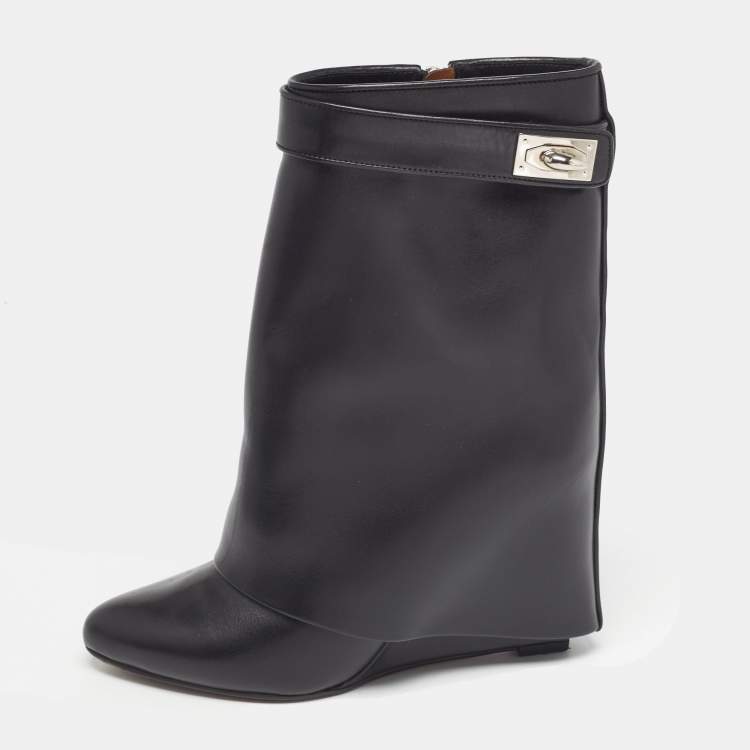 Pre Owned Givenchy Black Leather Shark Lock Ankle Length Boots Size 37