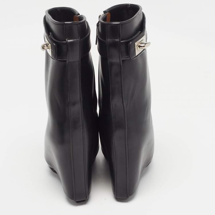 Pre Owned Givenchy Black Leather Shark Lock Ankle Length Boots Size 37
