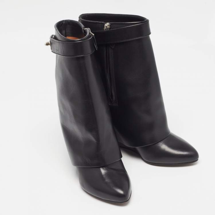 Pre Owned Givenchy Black Leather Shark Lock Ankle Length Boots Size 37