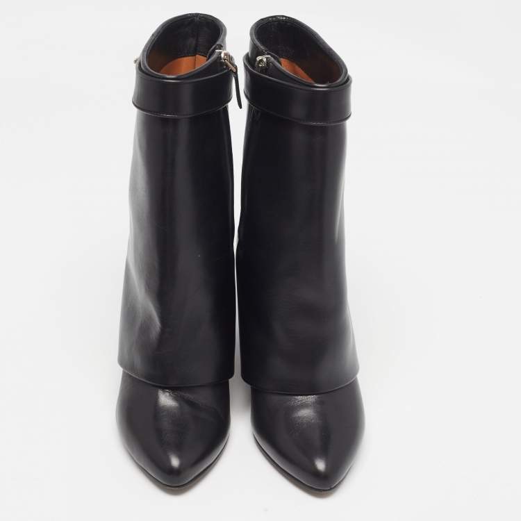 Pre Owned Givenchy Black Leather Shark Lock Ankle Length Boots Size 37