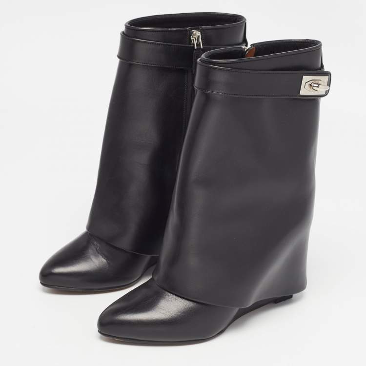 Pre Owned Givenchy Black Leather Shark Lock Ankle Length Boots Size 37