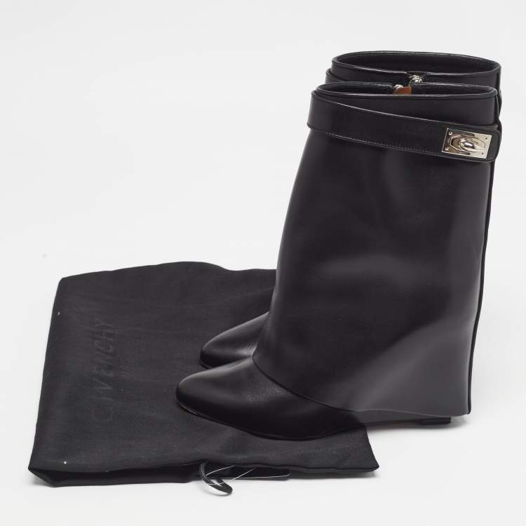 Pre Owned Givenchy Black Leather Shark Lock Ankle Length Boots Size 37