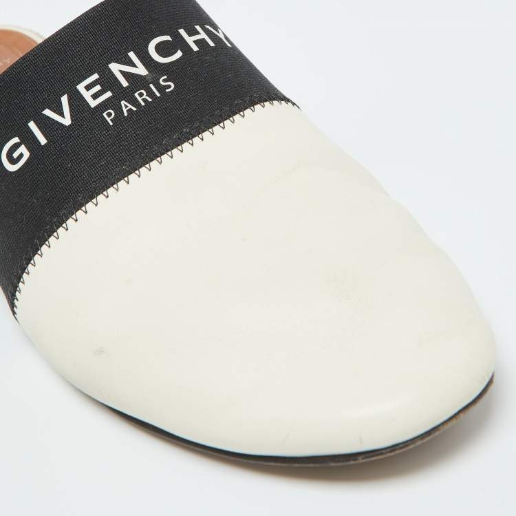 Pre Owned Givenchy Black/White Leather and Elastic Bedford Flat Mules Size 40.5