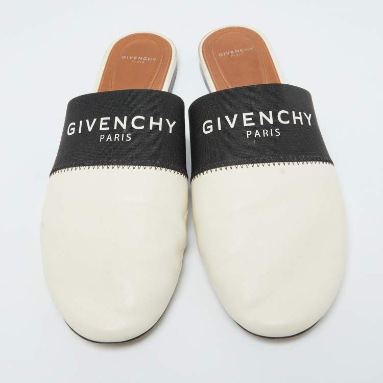 Pre Owned Givenchy Black/White Leather and Elastic Bedford Flat Mules Size 40.5