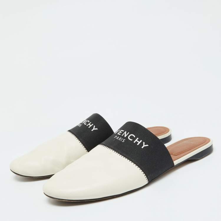 Pre Owned Givenchy Black/White Leather and Elastic Bedford Flat Mules Size 40.5