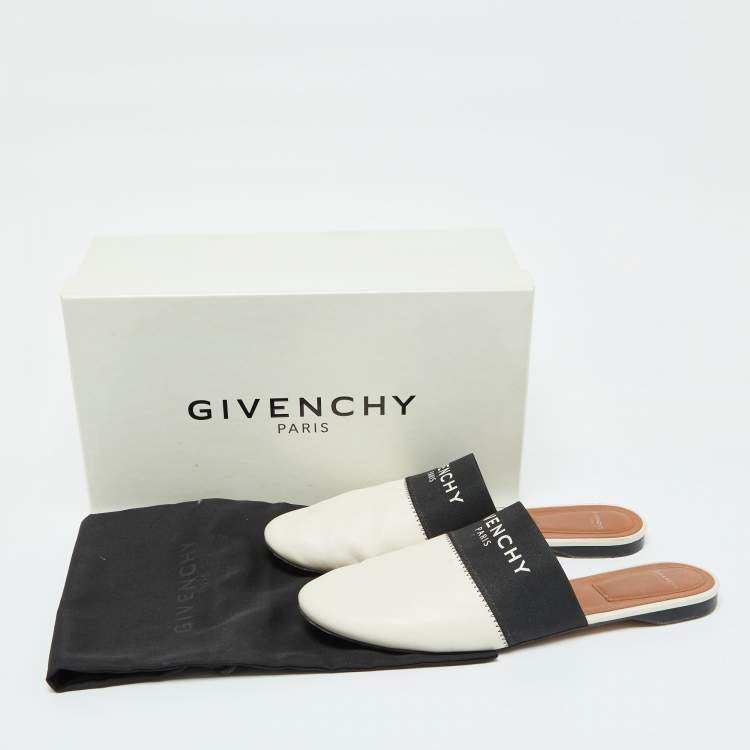 Pre Owned Givenchy Black/White Leather and Elastic Bedford Flat Mules Size 40.5