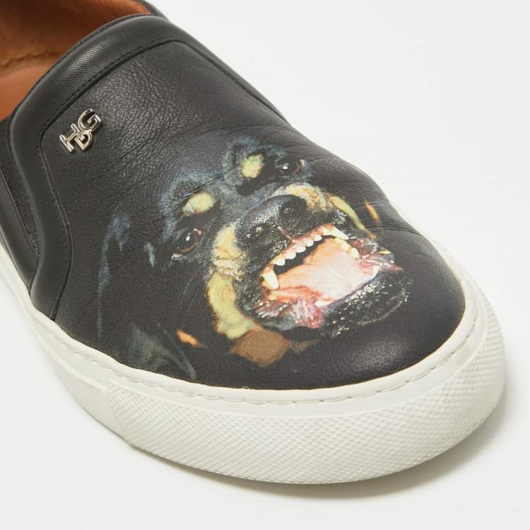 Pre Owned Givenchy Black Leather Printed Rottweiler Slip On Sneakers Size 38