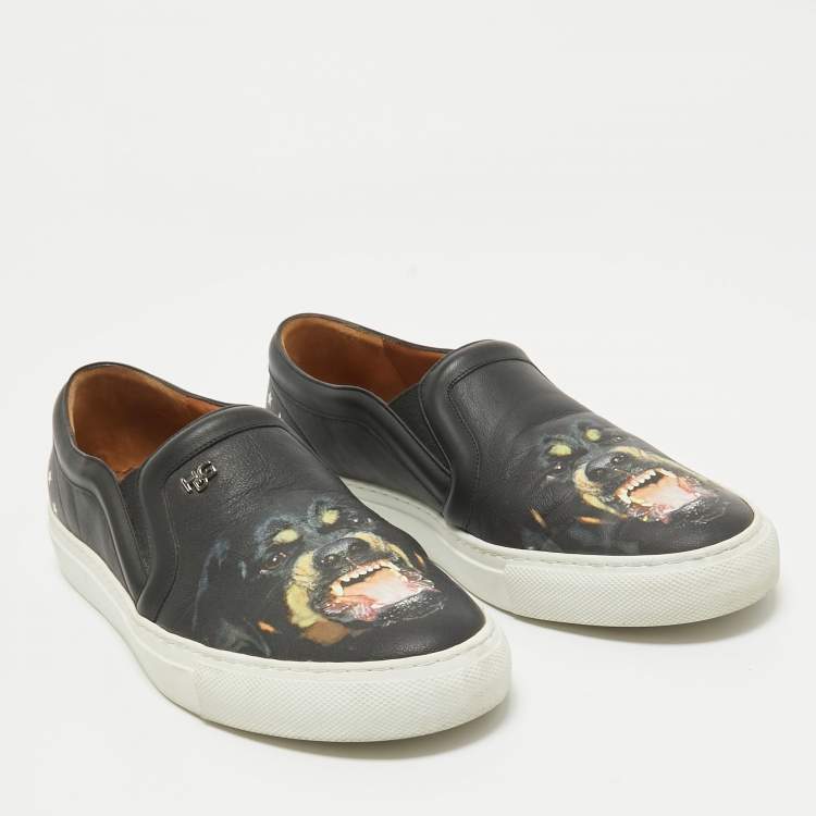 Pre Owned Givenchy Black Leather Printed Rottweiler Slip On Sneakers Size 38