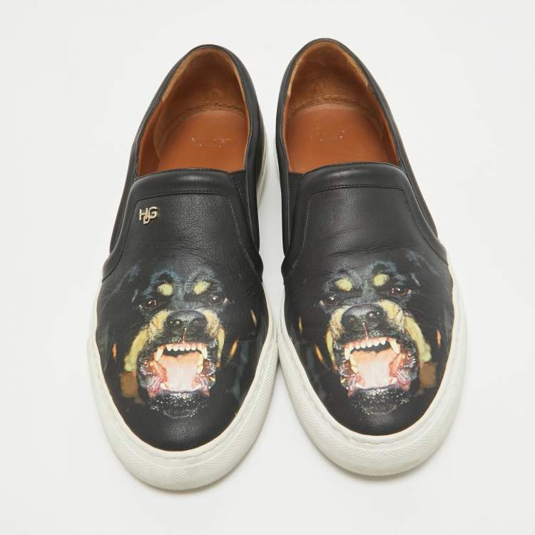 Pre Owned Givenchy Black Leather Printed Rottweiler Slip On Sneakers Size 38