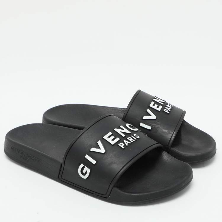 Pre Owned Givenchy Black Rubber Logo Flat Pool Slides Size 35
