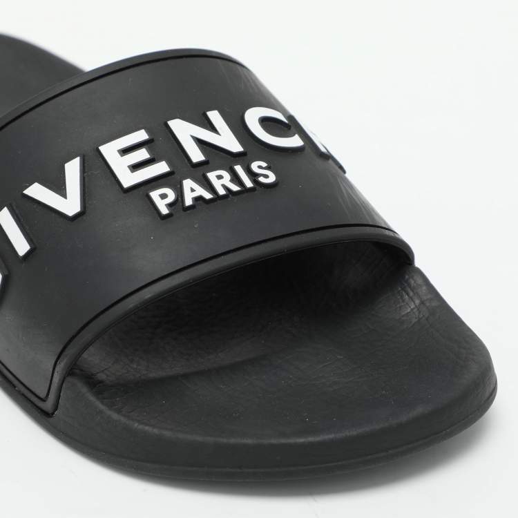 Pre Owned Givenchy Black Rubber Logo Flat Pool Slides Size 35