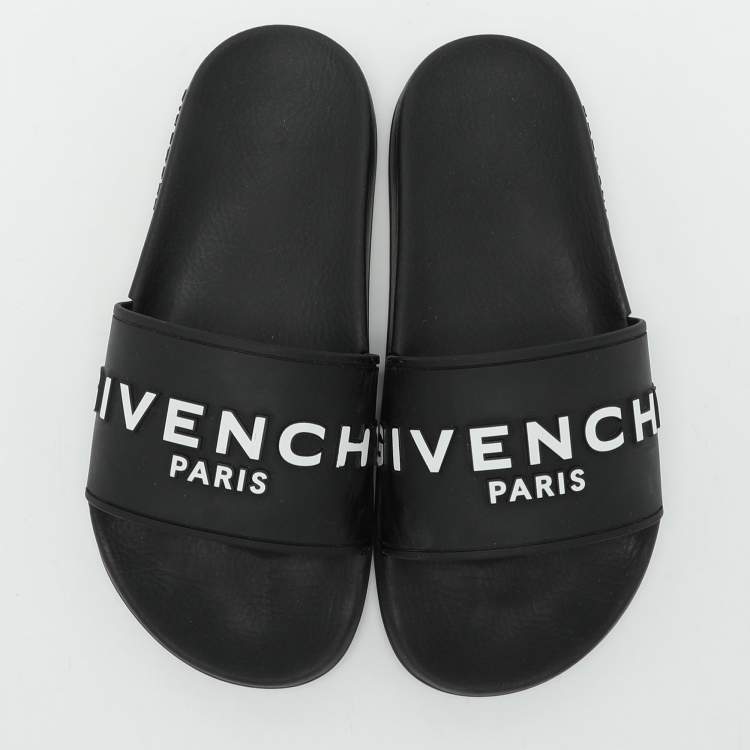 Pre Owned Givenchy Black Rubber Logo Flat Pool Slides Size 35