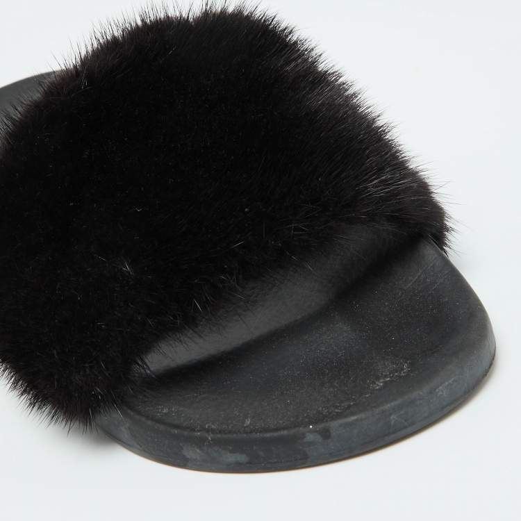 Pre Owned Givenchy Black Mink Fur Flat Slides Size 41