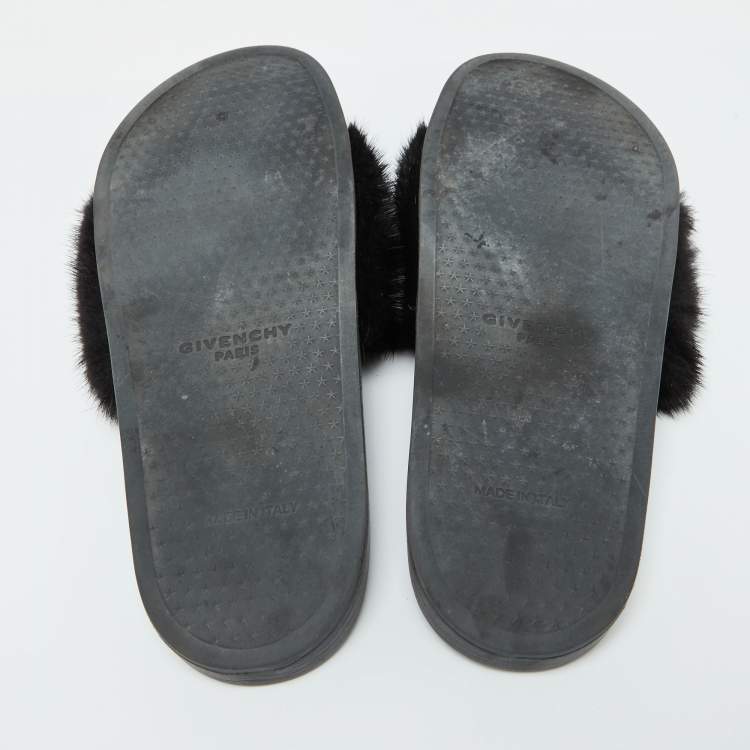 Pre Owned Givenchy Black Mink Fur Flat Slides Size 41