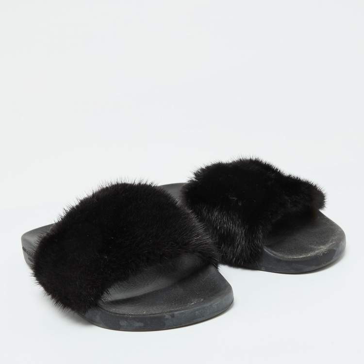 Pre Owned Givenchy Black Mink Fur Flat Slides Size 41