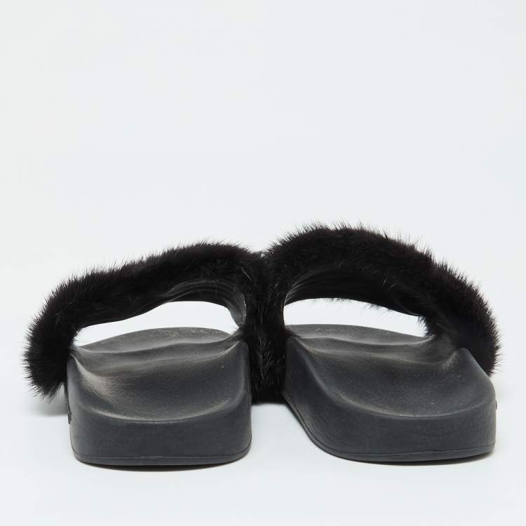 Pre Owned Givenchy Black Mink Fur Flat Slides Size 41