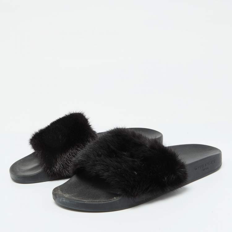 Pre Owned Givenchy Black Mink Fur Flat Slides Size 41