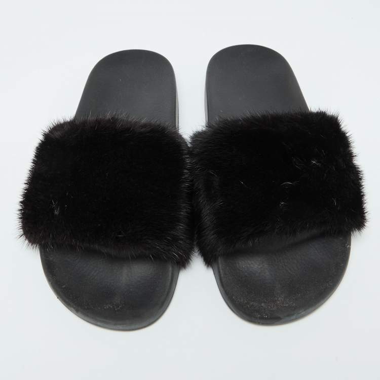 Pre Owned Givenchy Black Mink Fur Flat Slides Size 41