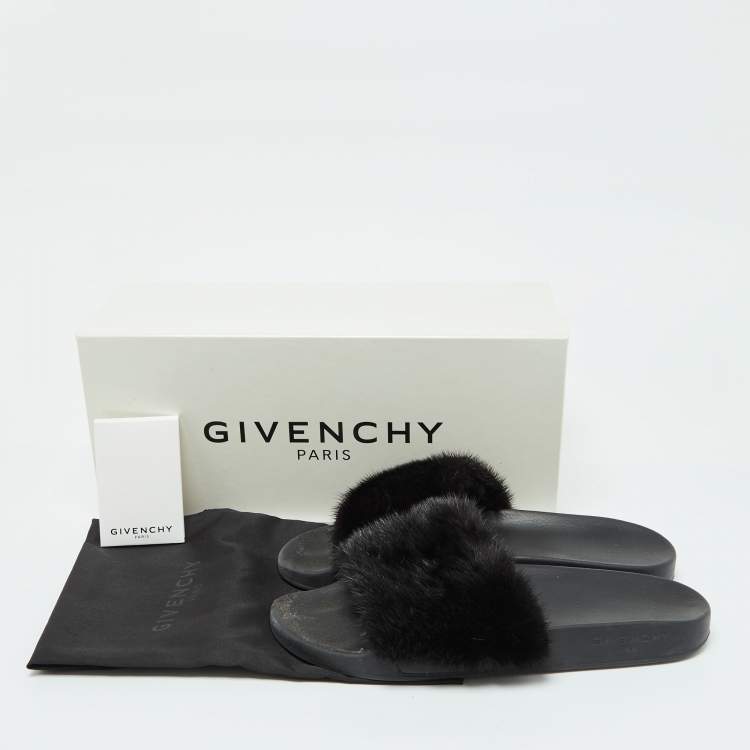 Pre Owned Givenchy Black Mink Fur Flat Slides Size 41