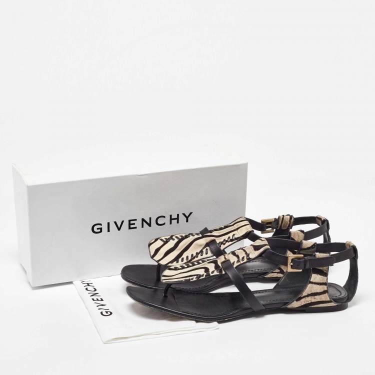 Pre Owned Givenchy Black Zebra Calfhair and Leather Thong Sandals Size 40