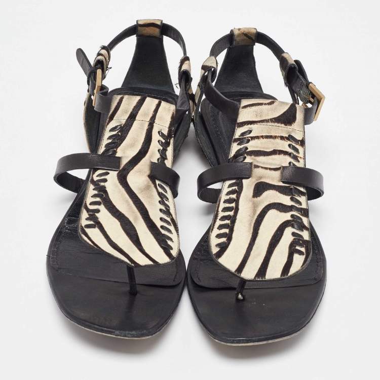 Pre Owned Givenchy Black Zebra Calfhair and Leather Thong Sandals Size 40