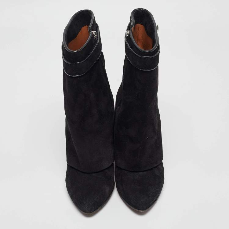 Pre Owned Givenchy Black Suede Shark Lock Mid Calf Boots Size 39