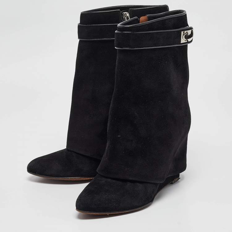 Pre Owned Givenchy Black Suede Shark Lock Mid Calf Boots Size 39
