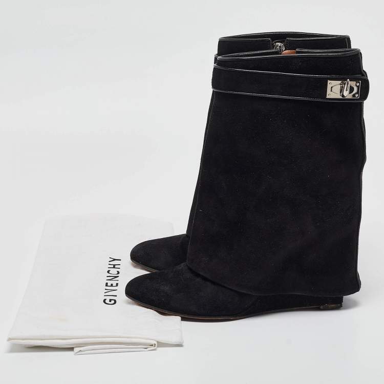 Pre Owned Givenchy Black Suede Shark Lock Mid Calf Boots Size 39