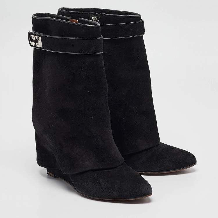 Pre Owned Givenchy Black Suede Shark Lock Mid Calf Boots Size 39