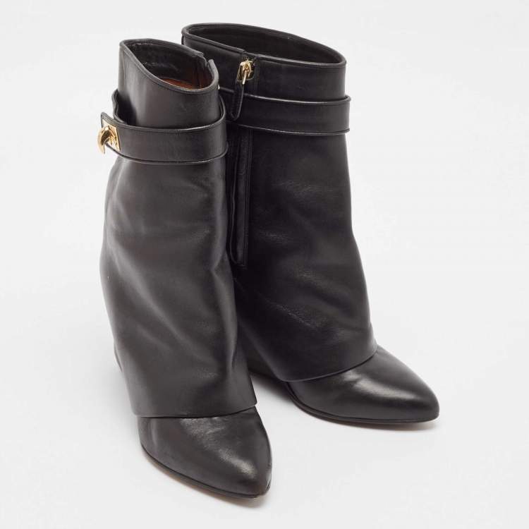 Pre Owned Givenchy Black Leather Shark Lock Ankle Length Boots Size 38.5