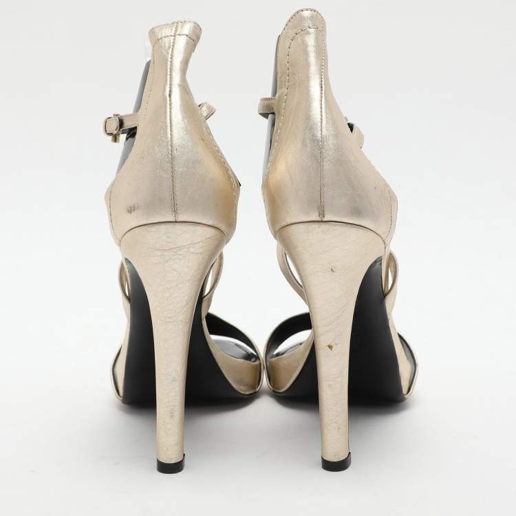 Pre Owned Givenchy Gold/Black Leather Ankle Strap Sandals Size 40