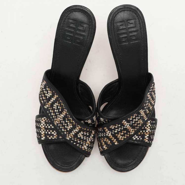 Pre Owned Givenchy Multicolor Woven Fabric and Leather Criss Cross Slide Sandals Size 36