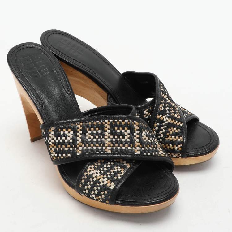 Pre Owned Givenchy Multicolor Woven Fabric and Leather Criss Cross Slide Sandals Size 36