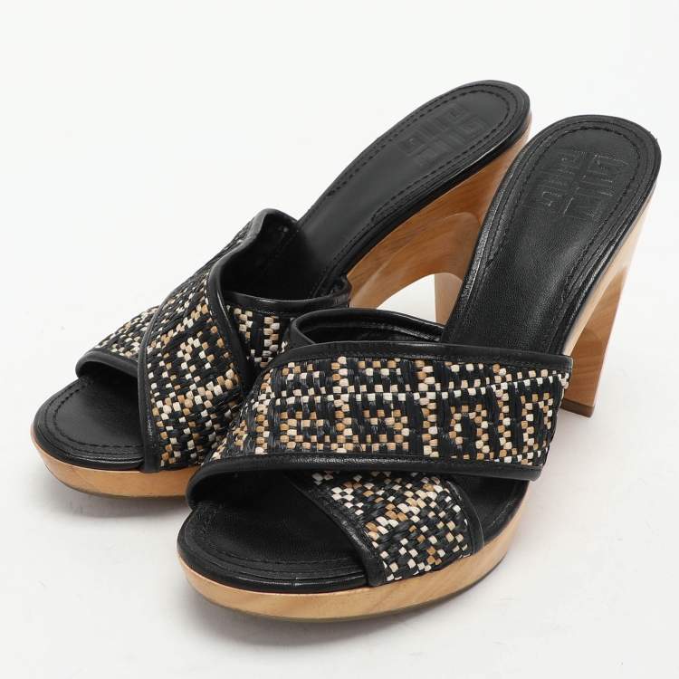 Pre Owned Givenchy Multicolor Woven Fabric and Leather Criss Cross Slide Sandals Size 36