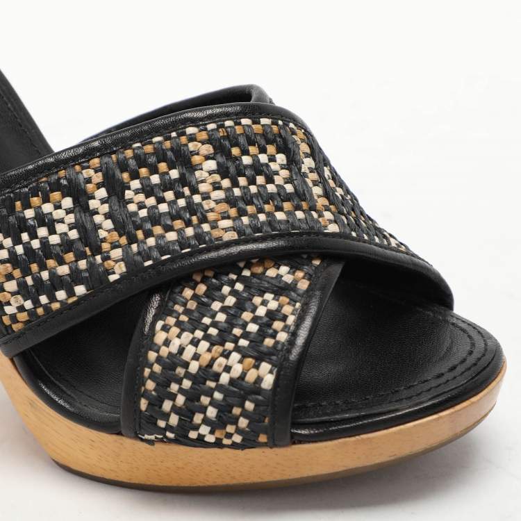 Pre Owned Givenchy Multicolor Woven Fabric and Leather Criss Cross Slide Sandals Size 36