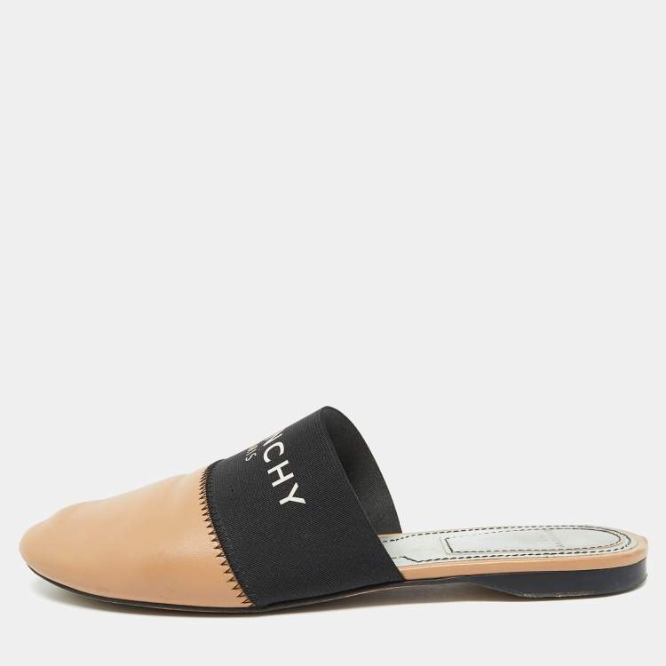 Pre Owned Givenchy Beige/Black Leather Logo Elastic Flat Mules Size 35