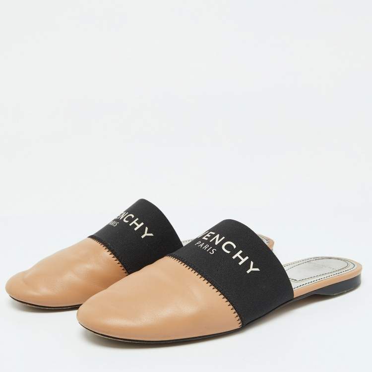 Pre Owned Givenchy Beige/Black Leather Logo Elastic Flat Mules Size 35