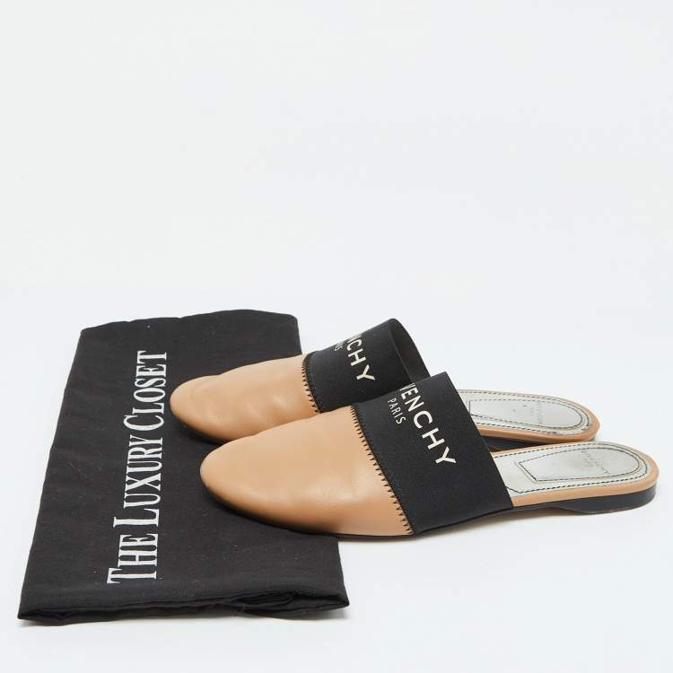 Pre Owned Givenchy Beige/Black Leather Logo Elastic Flat Mules Size 35