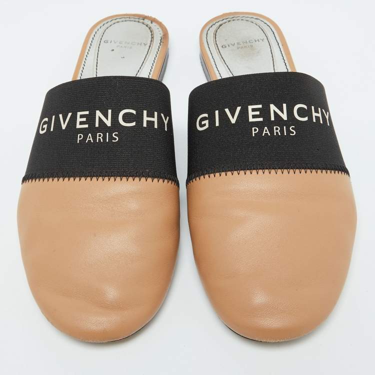 Pre Owned Givenchy Beige/Black Leather Logo Elastic Flat Mules Size 35