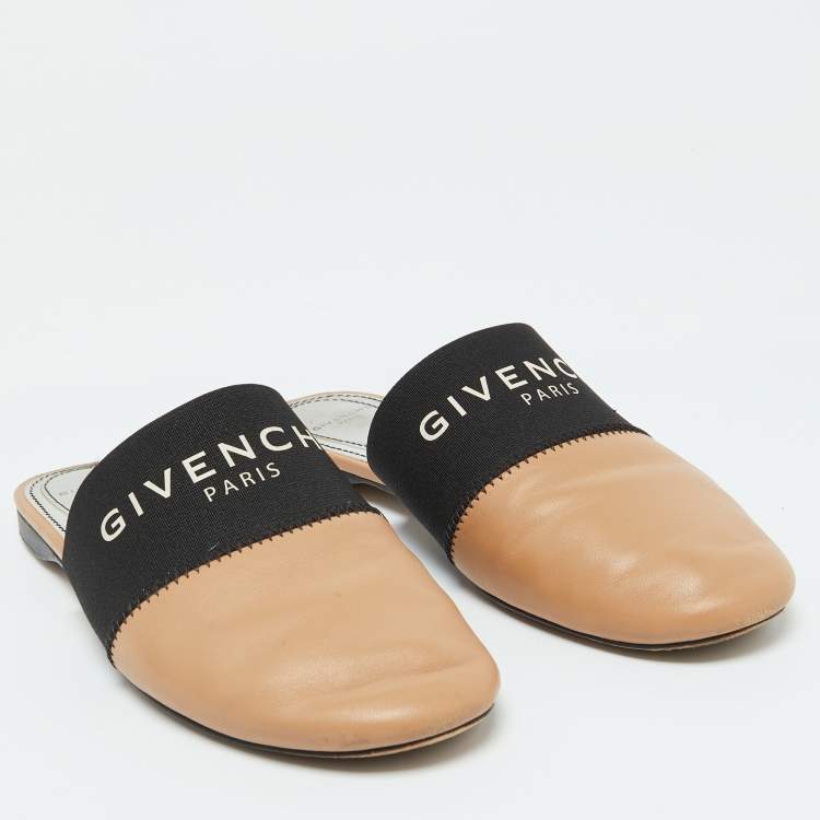 Pre Owned Givenchy Beige/Black Leather Logo Elastic Flat Mules Size 35