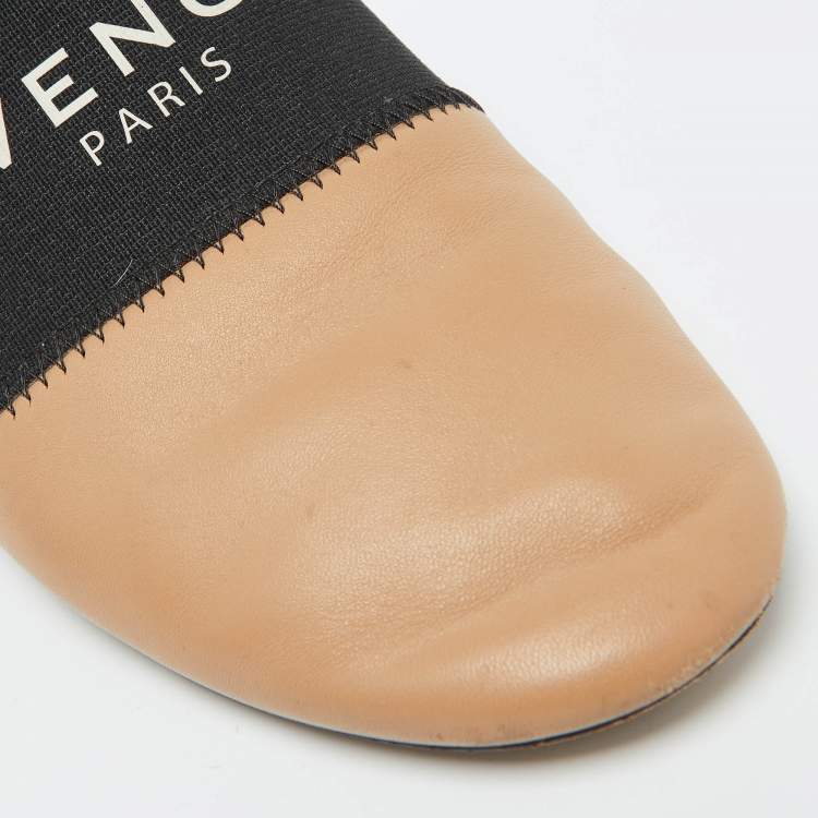 Pre Owned Givenchy Beige/Black Leather Logo Elastic Flat Mules Size 35