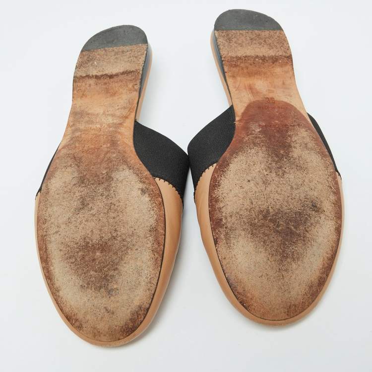 Pre Owned Givenchy Beige/Black Leather Logo Elastic Flat Mules Size 35