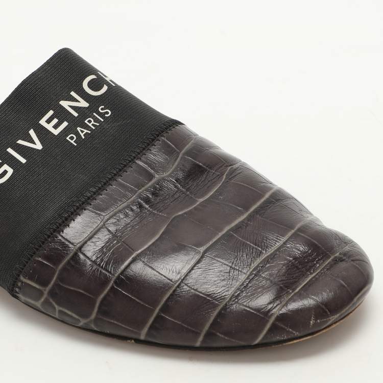 Pre Owned Givenchy Black Croc Embossed Leather and Elastic Bedford Mules Size 38