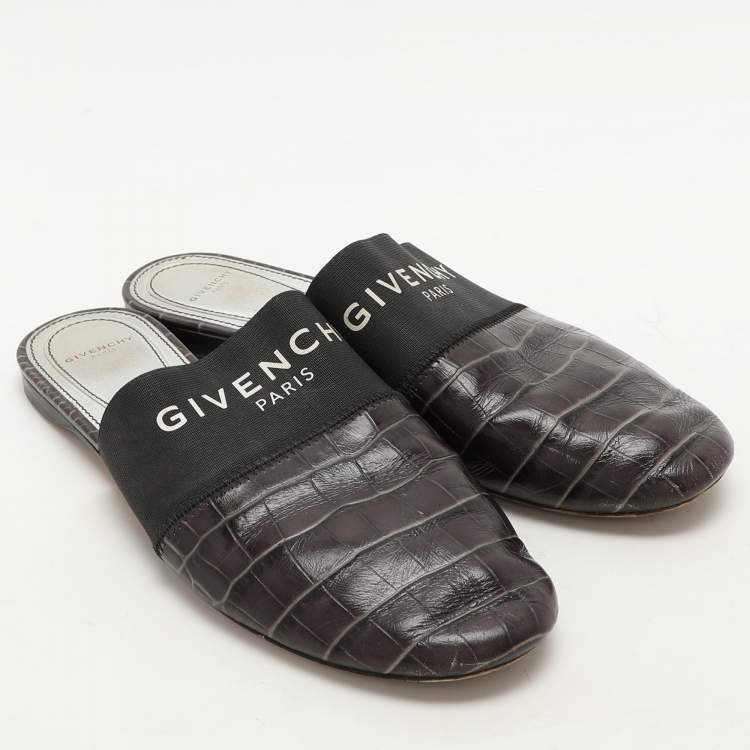 Pre Owned Givenchy Black Croc Embossed Leather and Elastic Bedford Mules Size 38