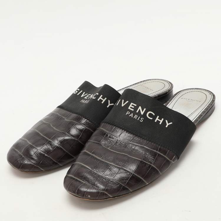 Pre Owned Givenchy Black Croc Embossed Leather and Elastic Bedford Mules Size 38