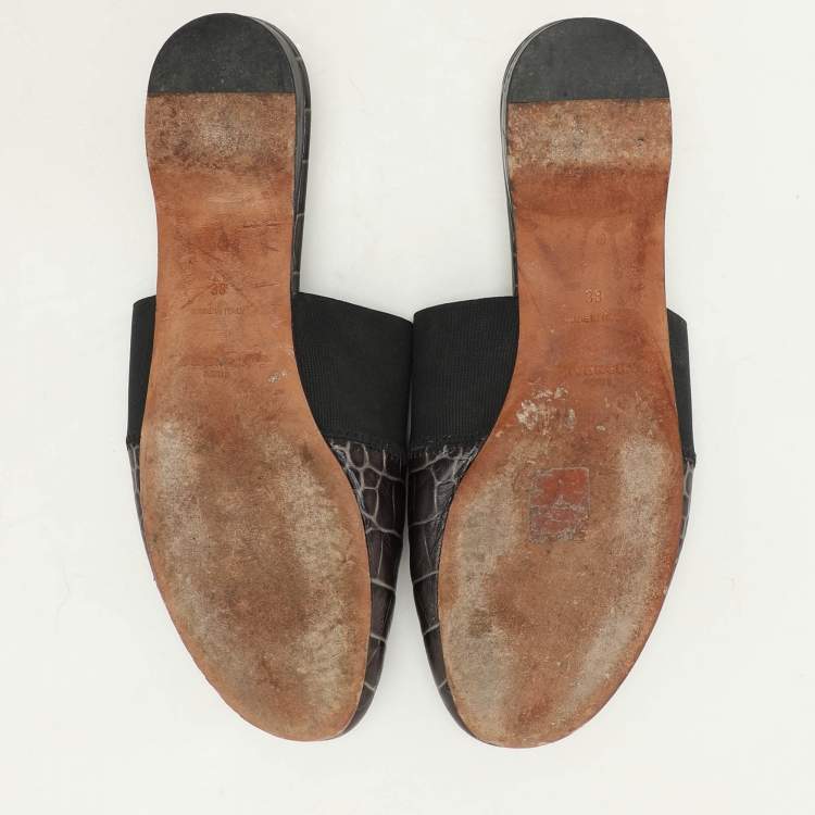 Pre Owned Givenchy Black Croc Embossed Leather and Elastic Bedford Mules Size 38