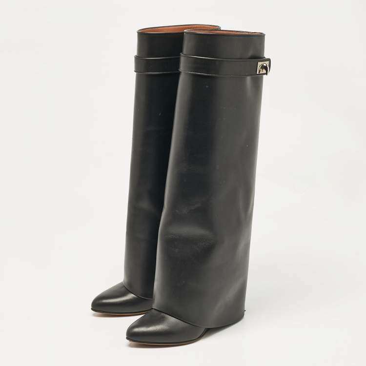 Pre Owned Givenchy Black Leather Shark Lock Wedge Knee High Boots Size 38