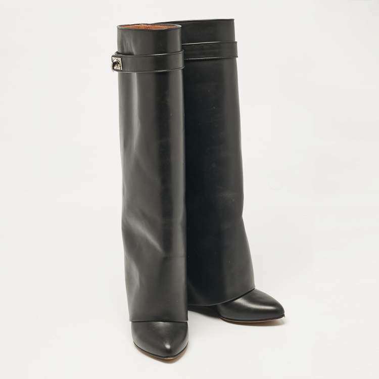Pre Owned Givenchy Black Leather Shark Lock Wedge Knee High Boots Size 38