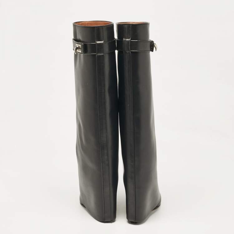 Pre Owned Givenchy Black Leather Shark Lock Wedge Knee High Boots Size 38